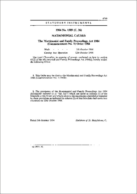 The Matrimonial and Family Proceedings Act 1984 (Commencement No. 1) Order 1984