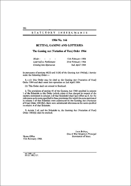 The Gaming Act (Variation of Fees) Order 1984