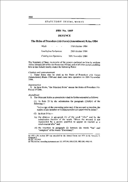 The Rules of Procedure (Air Force) (Amendment) Rules 1984