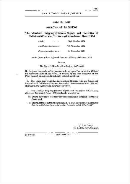The Merchant Shipping (Distress Signals and Prevention of Collisions) (Overseas Territories) (Amendment) Order 1984