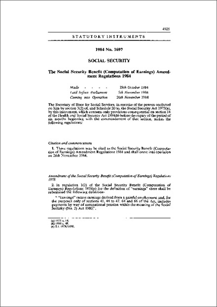 The Social Security Benefit (Computation of Earnings) Amendment Regulations 1984