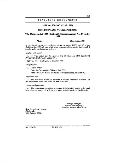 The Children Act 1975 (Scotland) (Commencement No. 5) Order 1984