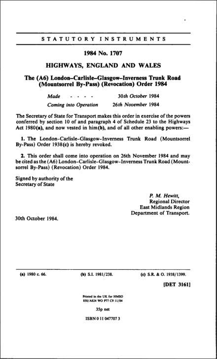 The (A6) London—Carlisle—Glasgow-Inverness Trunk Road (Mountsorrel By-Pass) (Revocation) Order 1984