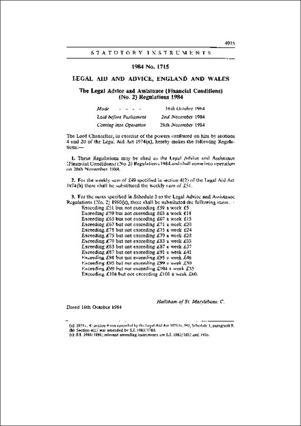 The Legal Advice and Assistance (Financial Conditions) (No. 2) Regulations 1984