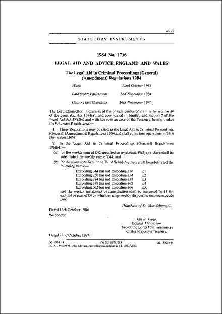 The Legal Aid in Criminal Proceedings (General) (Amendment) Regulations 1984