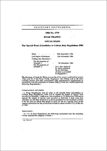 The Special Road (Llanddulas to Colwyn Bay) Regulations 1984
