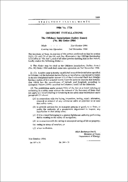 The Offshore Installations (Safety Zones) (No. 80) Order 1984