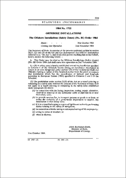 The Offshore Installations (Safety Zones) (No. 81) Order 1984