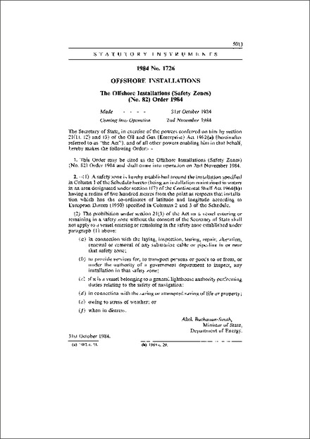 The Offshore Installations (Safety Zones) (No. 82) Order 1984