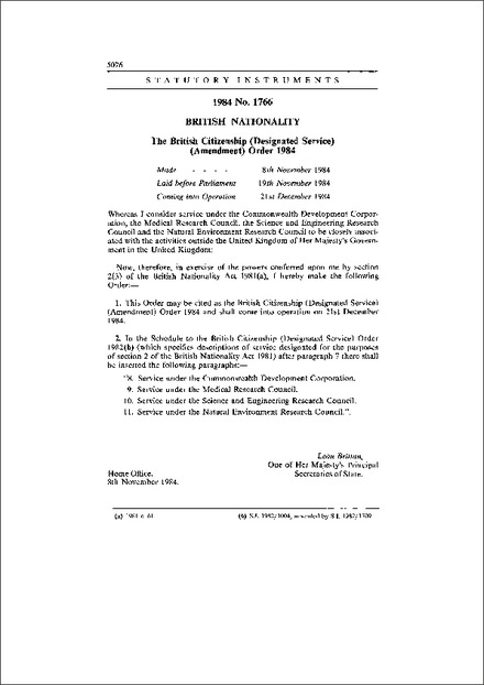 The British Citizenship (Designated Service) (Amendment) Order 1984