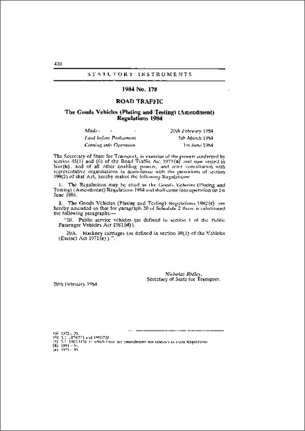 The Goods Vehicles (Plating and Testing) (Amendment) Regulations 1984