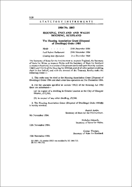 The Housing Association Grant (Disposal of Dwellings) Order 1984