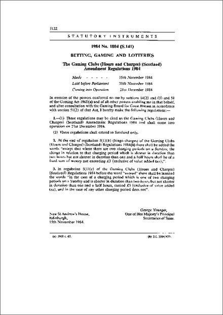 The Gaming Clubs (Hours and Charges) (Scotland) Amendment Regulations 1984