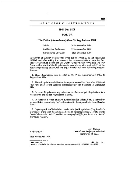 The Police (Amendment) (No. 2) Regulations 1984