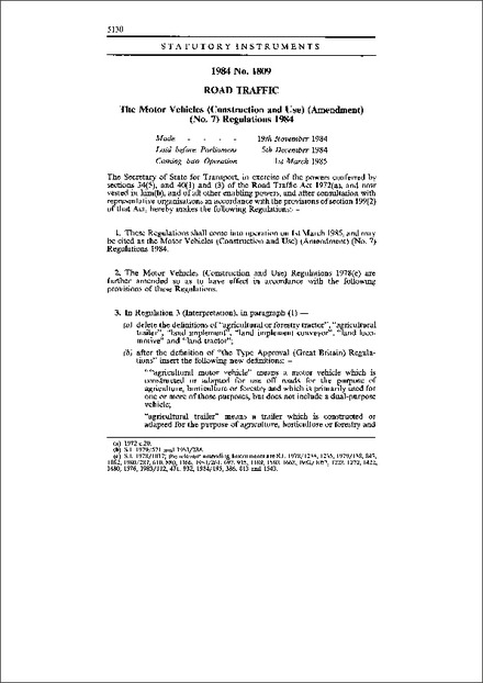 The Motor Vehicles (Construction and Use) (Amendment) (No. 7) Regulations 1984