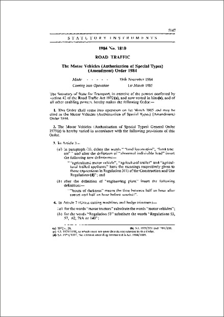 The Motor Vehicles (Authorisation of Special Types) (Amendment) Order 1984
