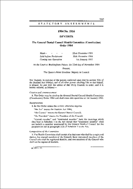 The General Dental Council Health Committee (Constitution) Order 1984