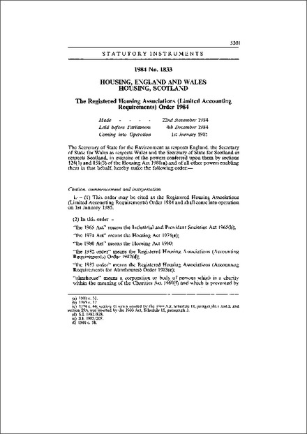 The Registered Housing Associations (Limited Accounting Requirements) Order 1984