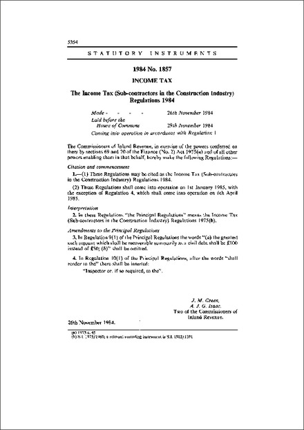 The Income Tax (Sub-contractors in the Construction Industry) Regulations 1984