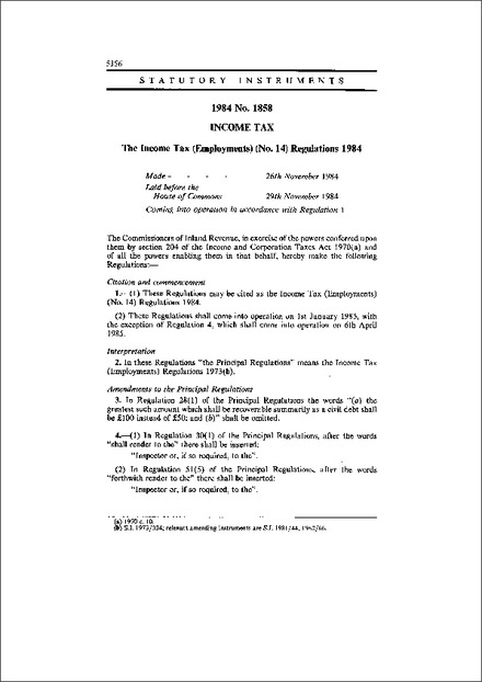The Income Tax (Employments) (No. 14) Regulations 1984