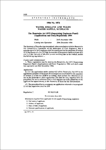 The Reservoirs Act 1975 (Supervising Engineers Panel) (Applications and Fees) Regulations 1984