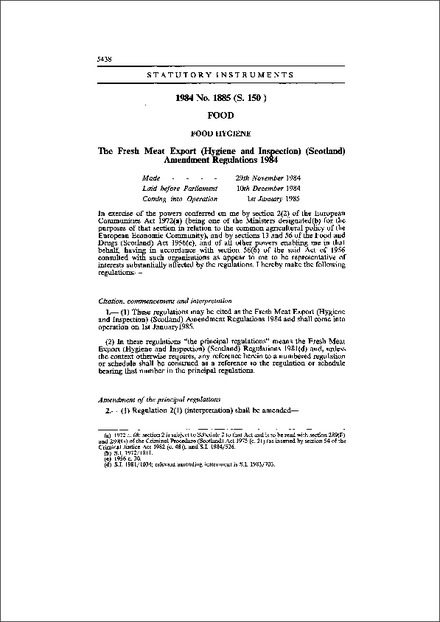 The Fresh Meat Export (Hygiene and Inspection) (Scotland) Amendment Regulations 1984