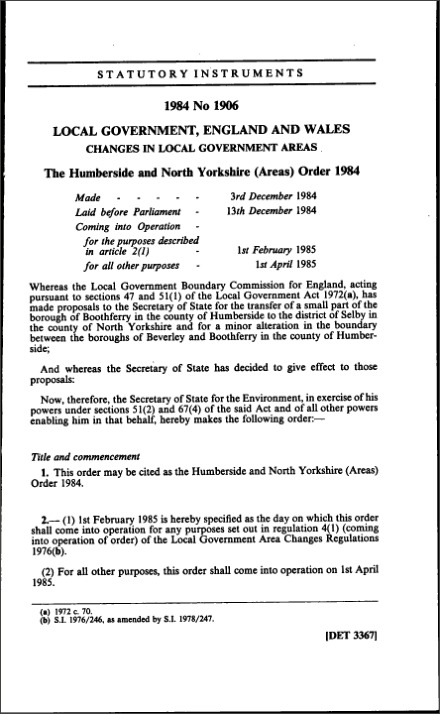 The Humberside and North Yorkshire (Areas) Order 1984