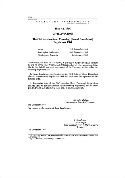 The Civil Aviation (Joint Financing) (Second Amendment) Regulations 1984