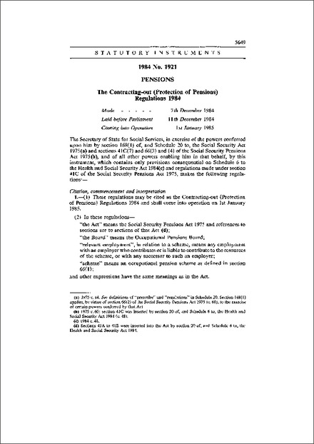 The Contracting-out (Protection of Pensions) Regulations 1984