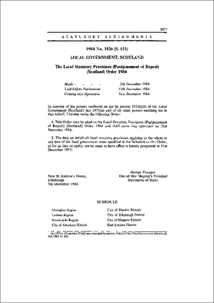 The Local Statutory Provisions (Postponement of Repeal) (Scotland) Order 1984