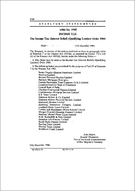 The Income Tax (Interest Relief) (Qualifying Lenders) Order 1984