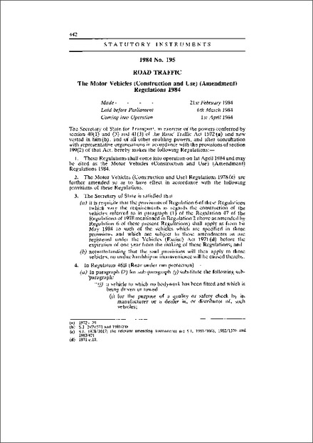 The Motor Vehicles (Construction and Use) (Amendment) Regulations 1984