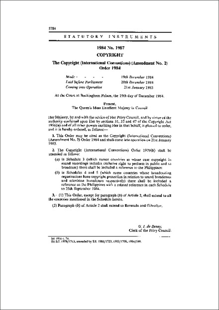 The Copyright (International Conventions) (Amendment No. 2) Order 1984