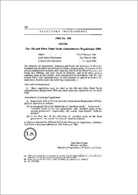 The Oil and Fibre Plant Seeds (Amendment) Regulations 1984
