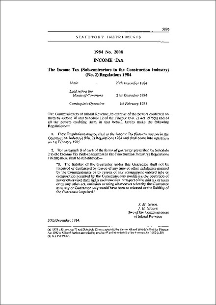 The Income Tax (Sub-contractors in the Construction Industry) (No. 2) Regulations 1984