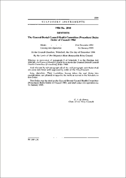 The General Dental Council Health Committee (Procedure) Rules Order of Council 1984