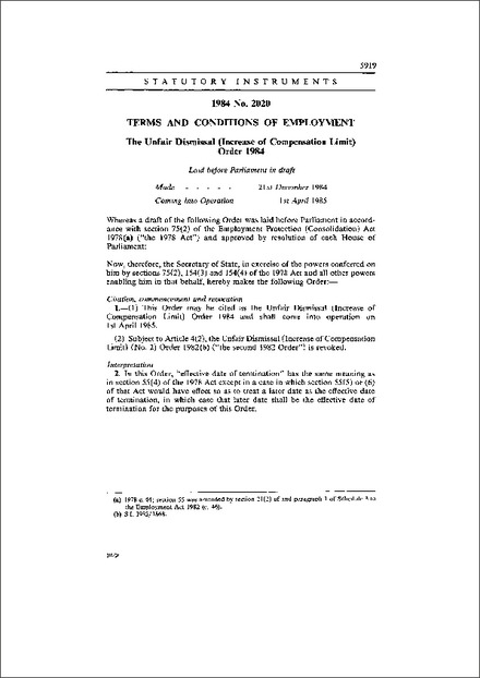 The Unfair Dismissal (Increase of Compensation Limit) Order 1984