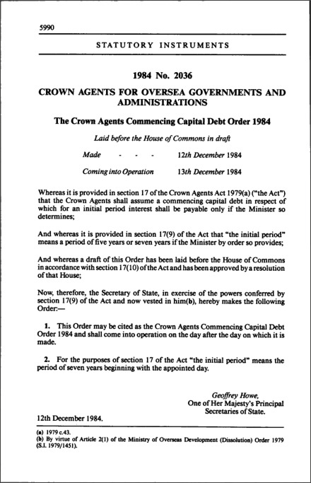 The Crown Agents Commencing Capital Debt Order 1984