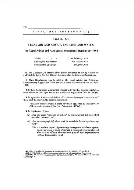 The Legal Advice and Assistance (Amendment) Regulations 1984