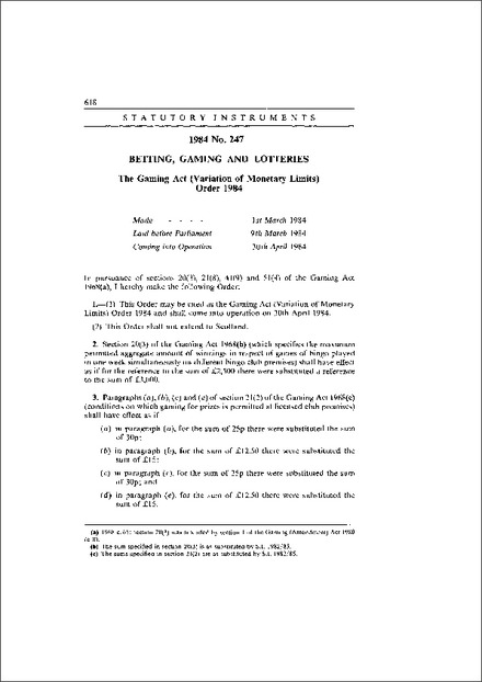 The Gaming Act (Variation of Monetary Limits) Order 1984