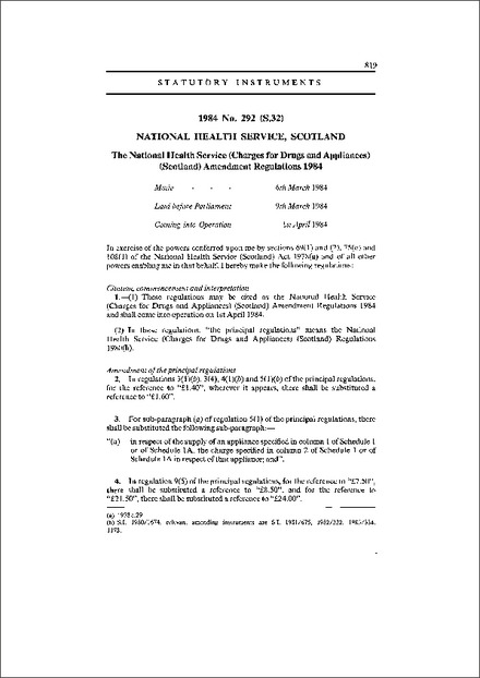 The National Health Service (Charges for Drugs and Appliances) (Scotland) Amendment Regulations 1984
