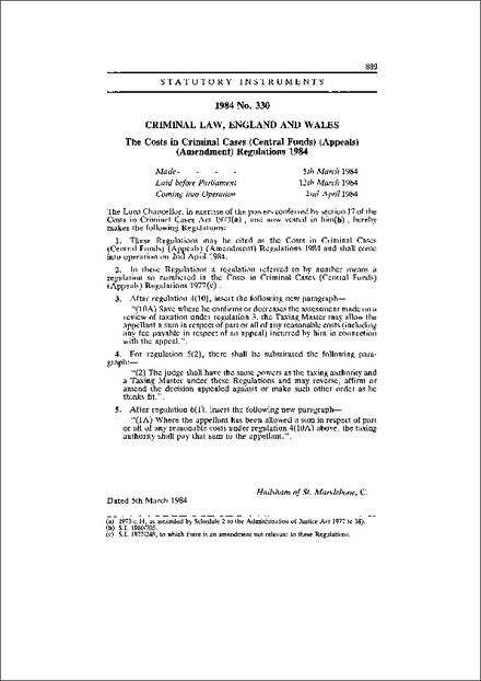 The Costs in Criminal Cases (Central Funds) (Appeals) (Amendment) Regulations 1984