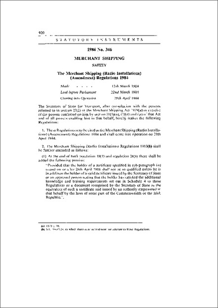 The Merchant Shipping (Radio Installations) (Amendment) Regulations 1984