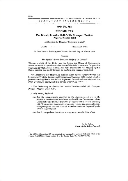 The Double Taxation Relief (Air Transport Profits) (Algeria) Order 1984