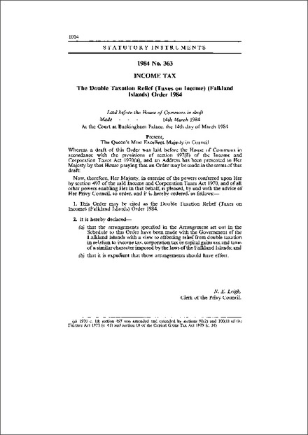 The Double Taxation Relief (Taxes on Income) (Falkland Islands) Order 1984