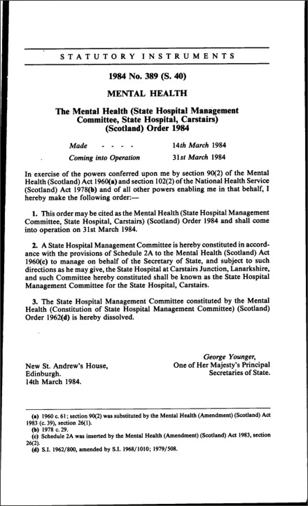 The Mental Health (State Hospital Management Committee, State Hospital, Carstairs) (Scotland) Order 1984