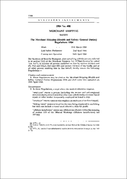 The Merchant Shipping (Health and Safety: General Duties) Regulations 1984