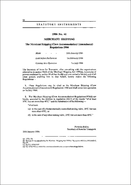 The Merchant Shipping (Crew Accommodation) (Amendment) Regulations 1984