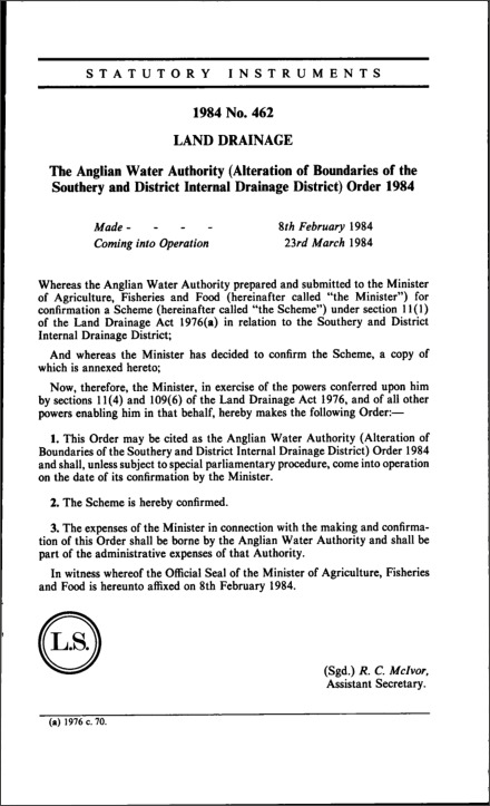 The Anglian Water Authority (Alteration of Boundaries of the Southery and District Internal Drainage District) Order 1984