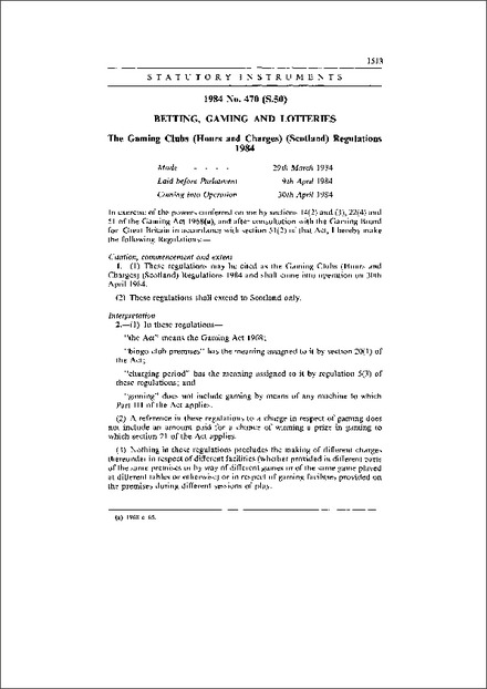 The Gaming Clubs (Hours and Charges) (Scotland) Regulations 1984